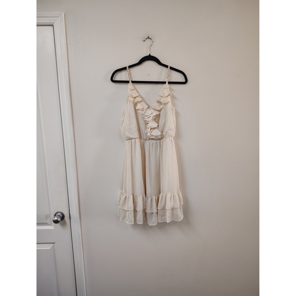 Double Zero Cream Ruffle V-Neck Mini Dress Sleeveless Boho Tiered Flounce Large